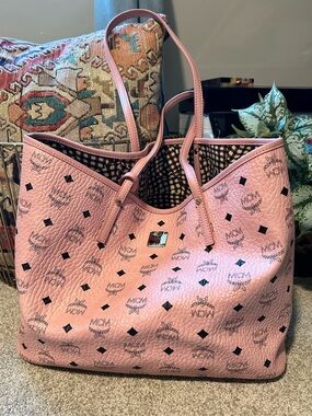 MCM Pink Logo-Print Reversible Large Tote + Pouches & Dust Bag